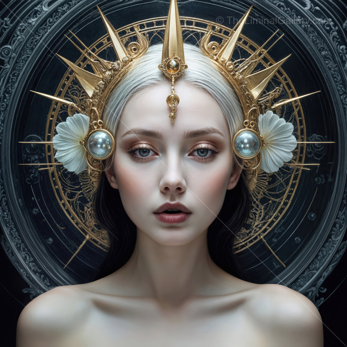 Stunning portrait of a beautiful woman with a golden crown in an artistic setting