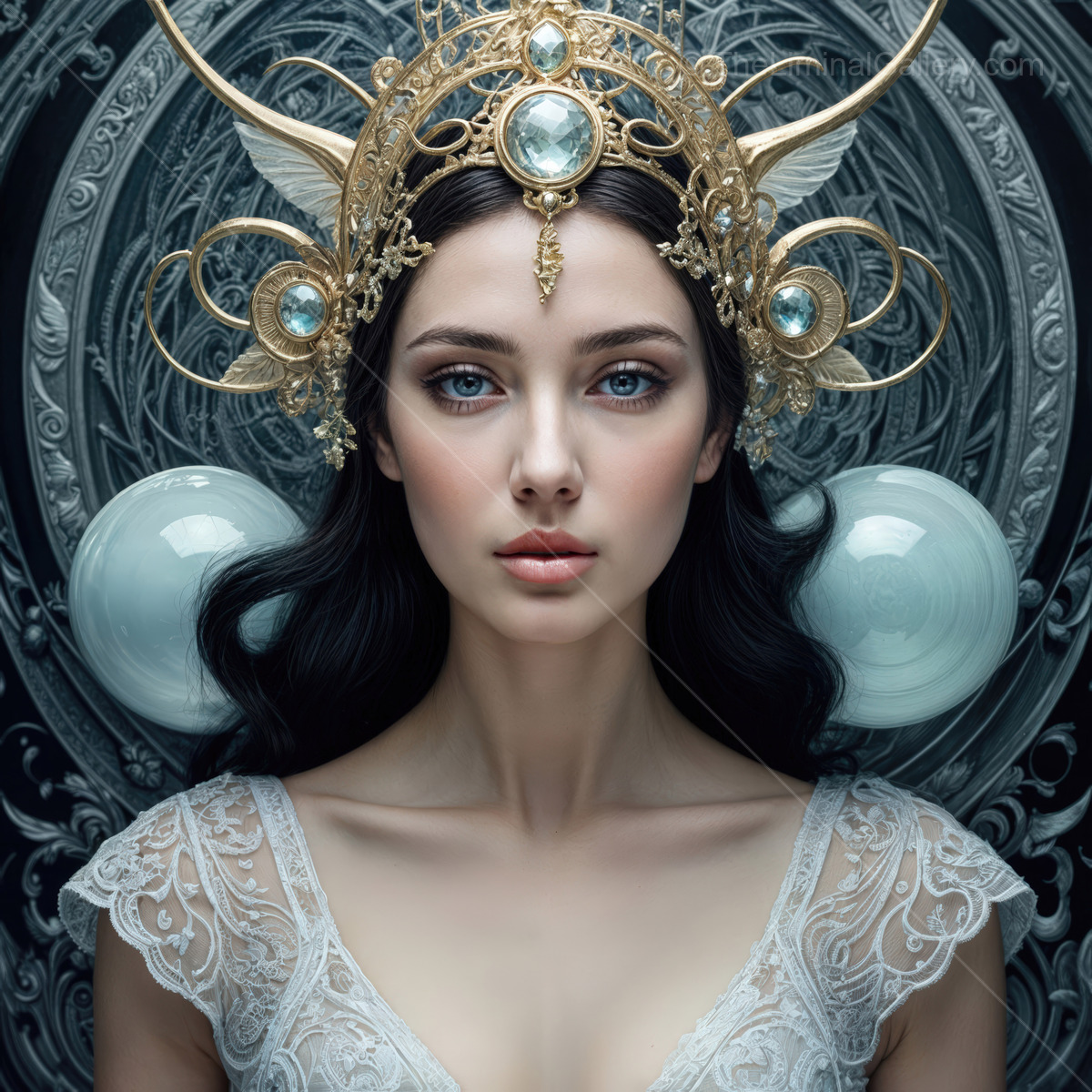 Elegant portrait of a mythical woman adorned with a stunning golden crown and flowing dark hair