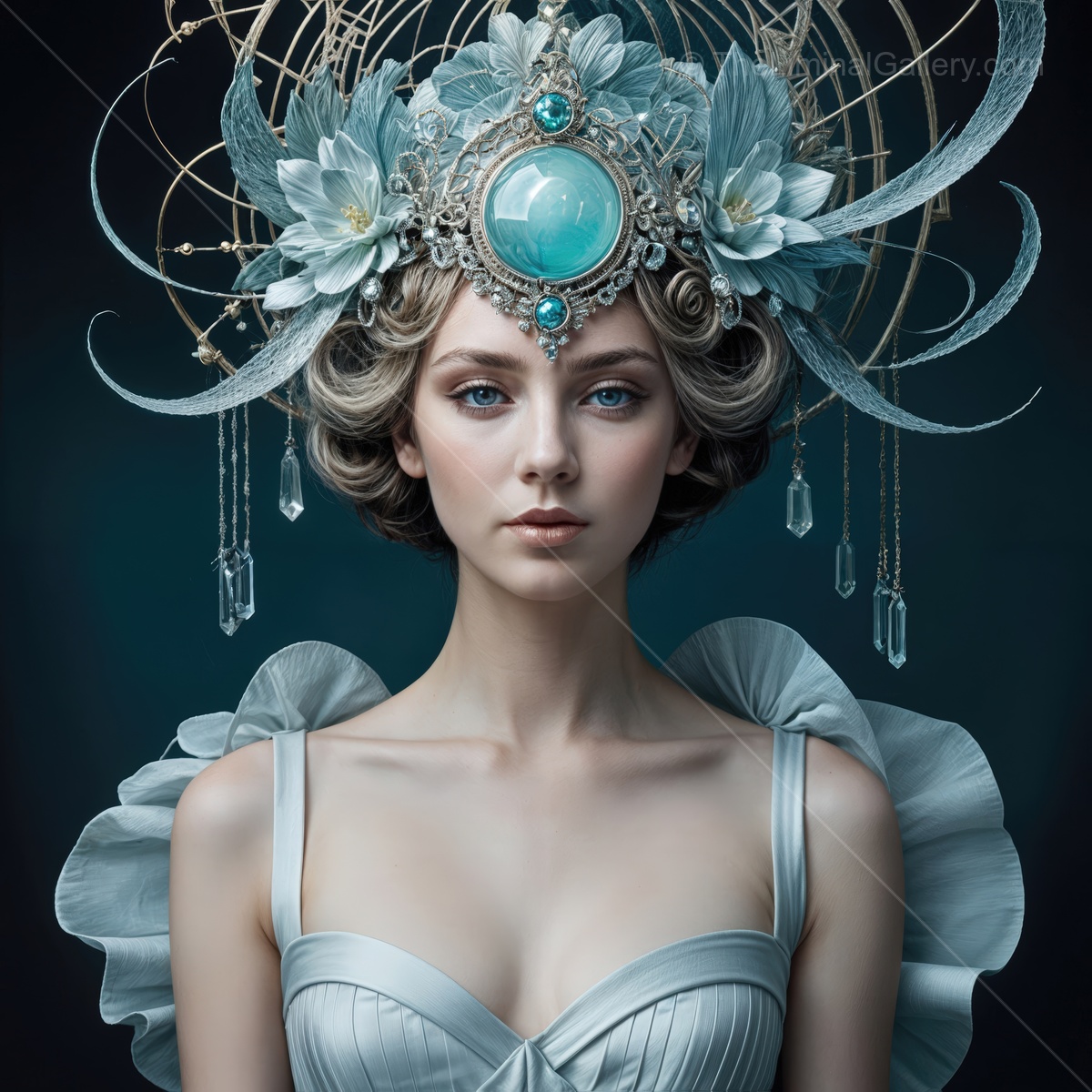 Elegant woman adorned with an intricate headpiece showcasing delicate craftsmanship in a serene blue ambiance