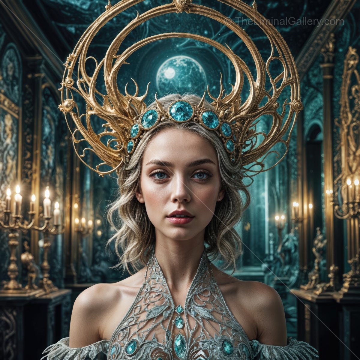 Mystical queen with intricate crown in a grand, dimly lit hall adorned with golden candles and artworks
