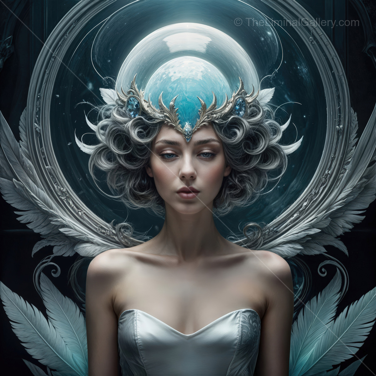 Ethereal elegance of a celestial being with intricate crown and graceful feathers in a mystical light