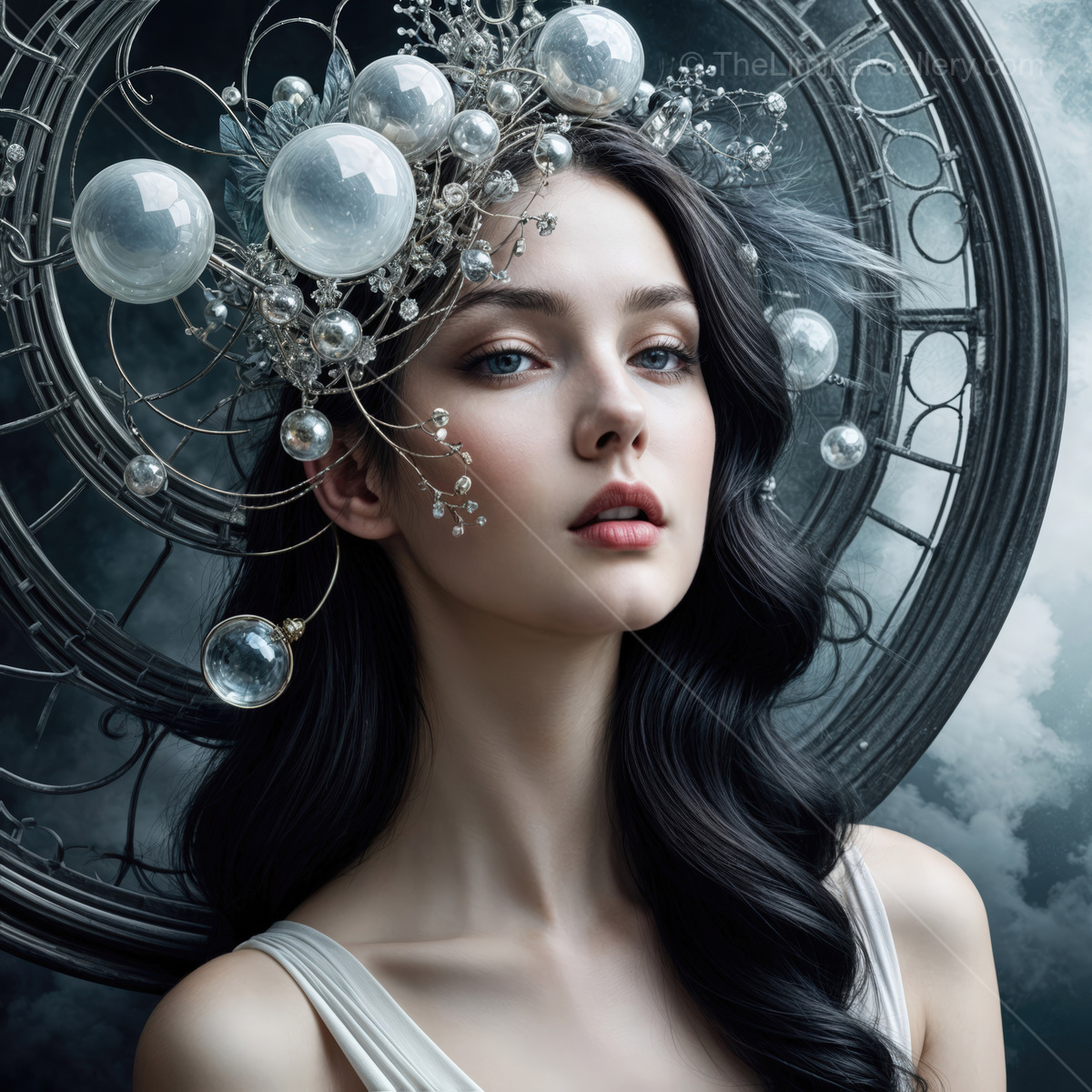 Elegant portrait capturing a woman with intricate headpiece in a dreamy setting