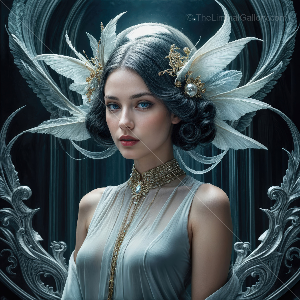 Elegant woman with ethereal hairstyle and luminous accessories in a mystical backdrop