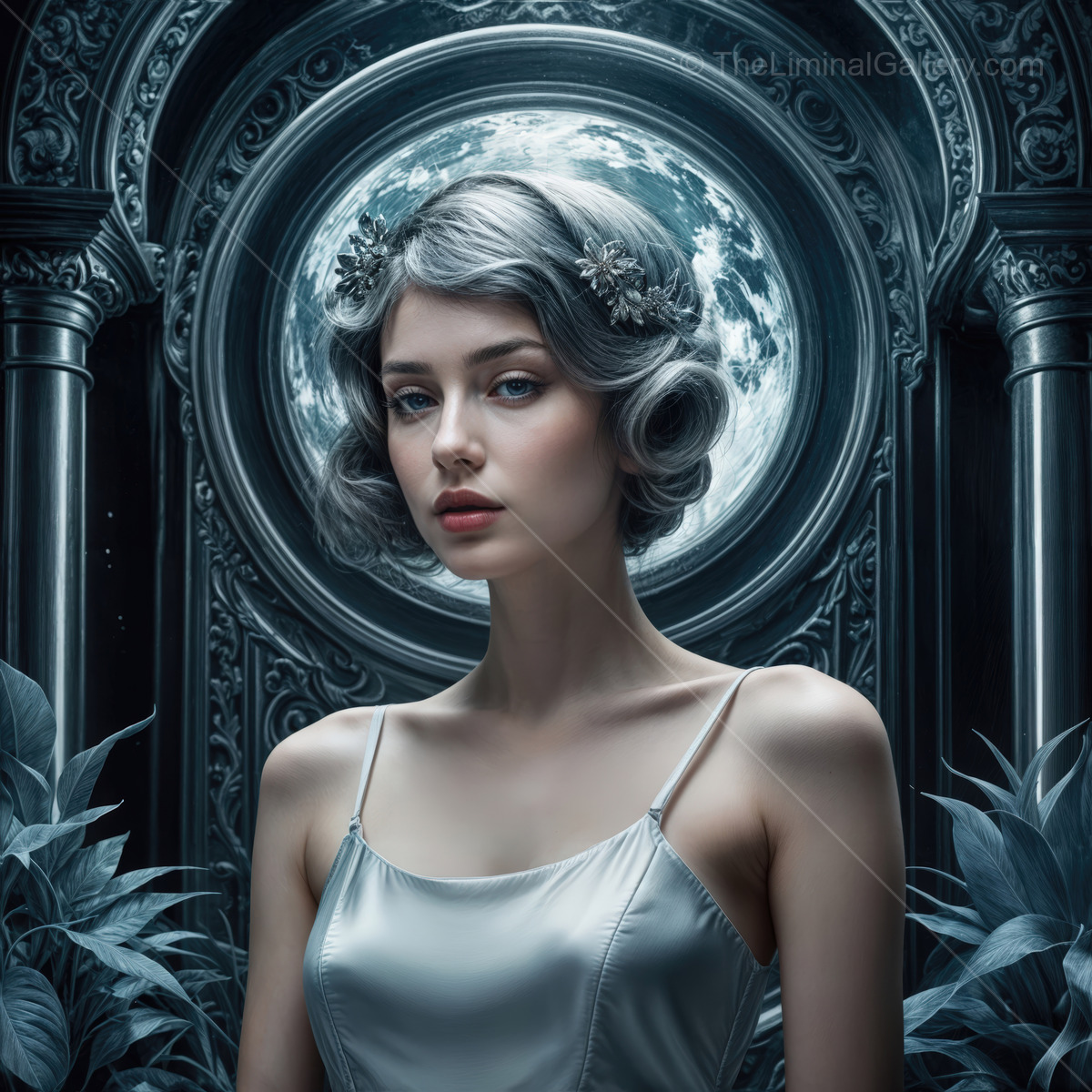 Ethereal elegance captured under a luminous moon with tranquil blue tones and vintage charm