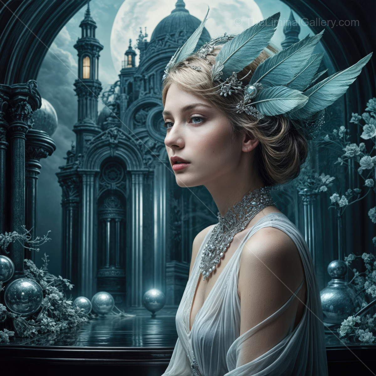 Fantasy elegance in moonlight creates a magical atmosphere at a historic palace with ethereal beauty