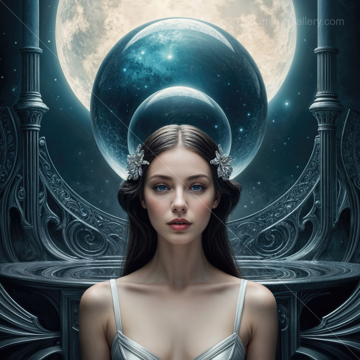 Ethereal woman with moonlit background evokes a sense of magic and mystery in a dreamlike setting