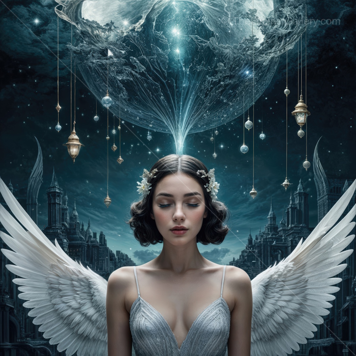Ethereal vision of a serene angelic woman illuminated by a mystical moonlit night