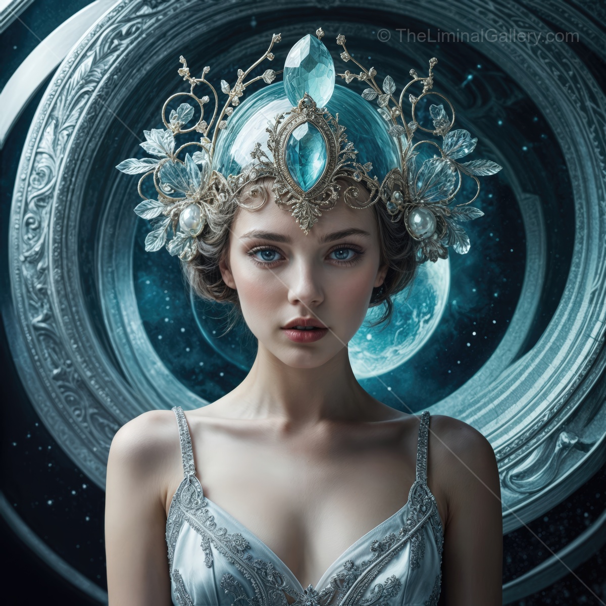 Elegant queen adorned with a shimmering crown gazes into a celestial realm under moonlight