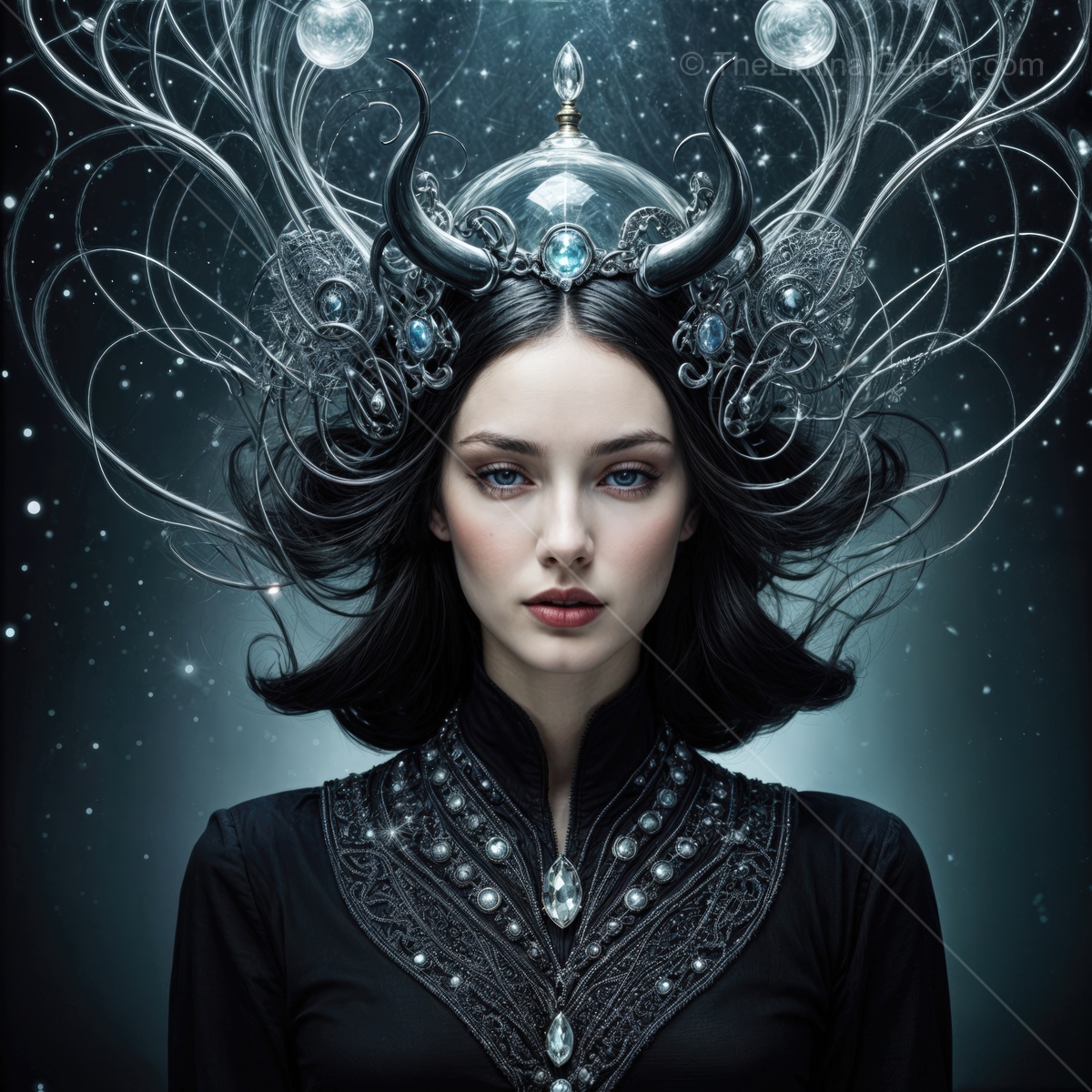 Elegant sorceress adorned with intricate hairpieces lounges in a mystical atmosphere against a cosmic backdrop