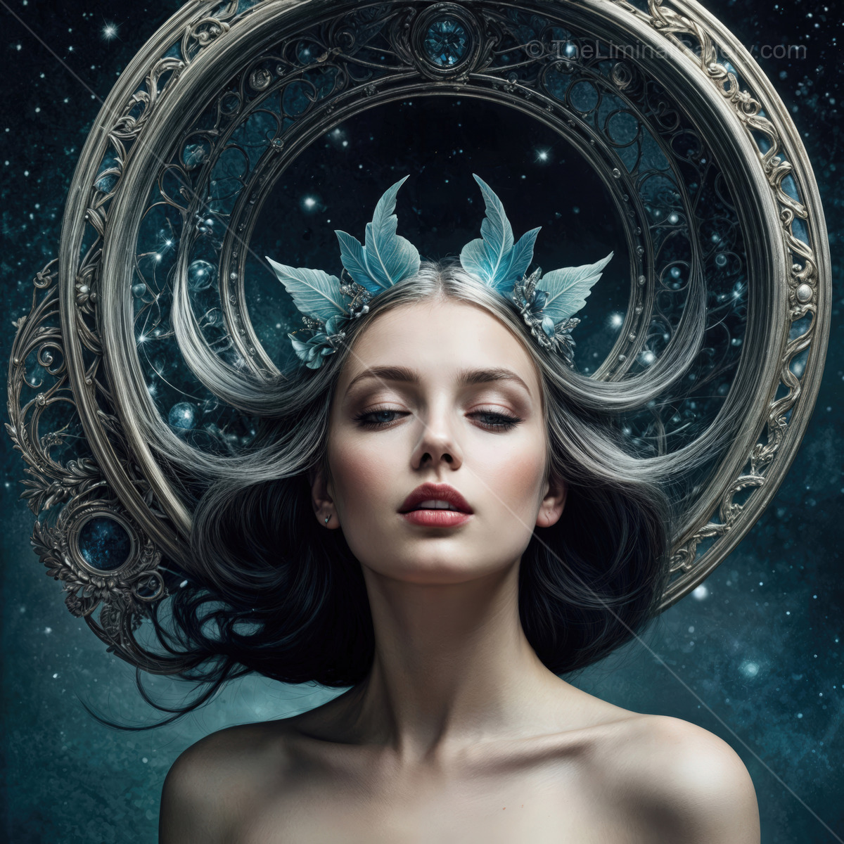 Enchanting woman adorned with ethereal crown capturing the magic of a starlit night in a mystical realm