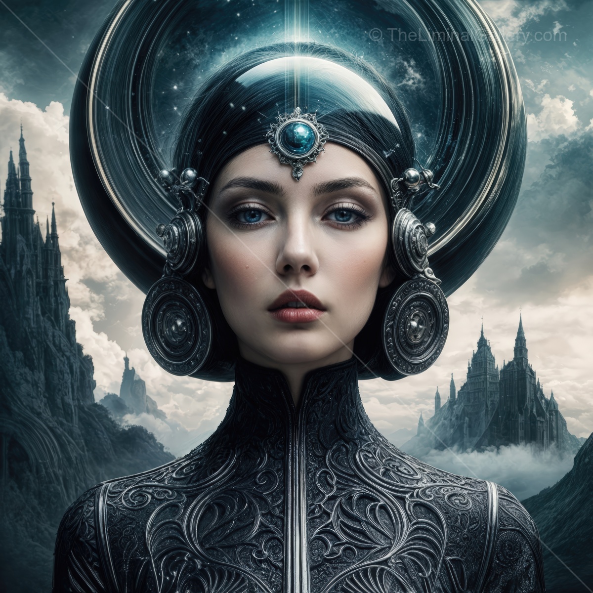 Mysterious woman in elaborate attire against a surreal landscape at twilight