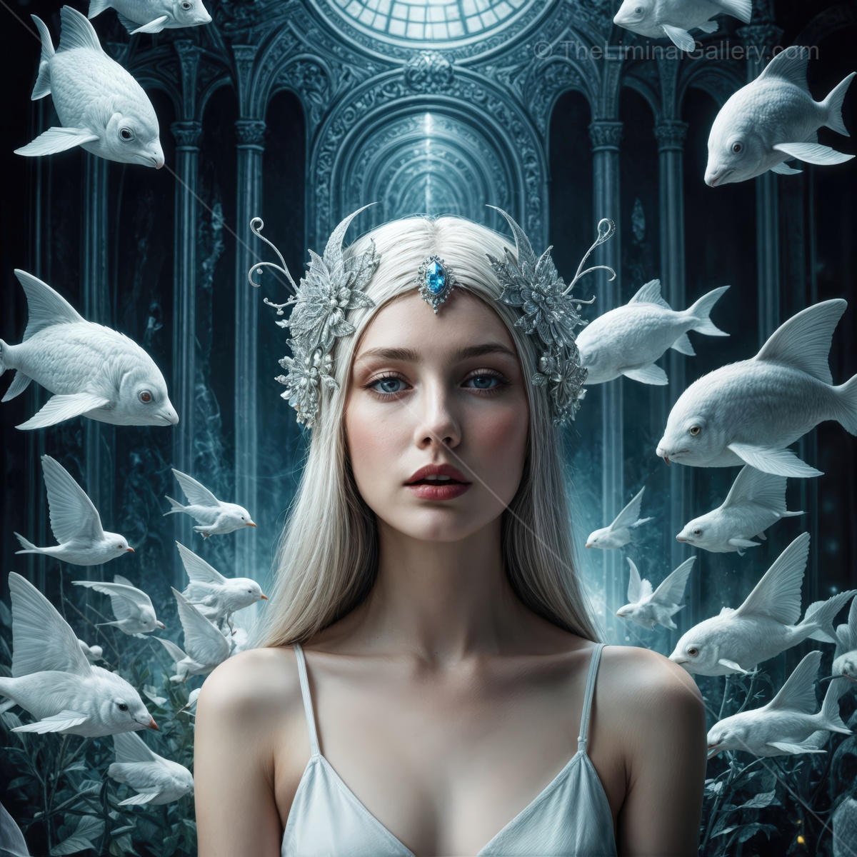Mystical underwater queen surrounded by ethereal fish in a grand, ancient palace at twilight