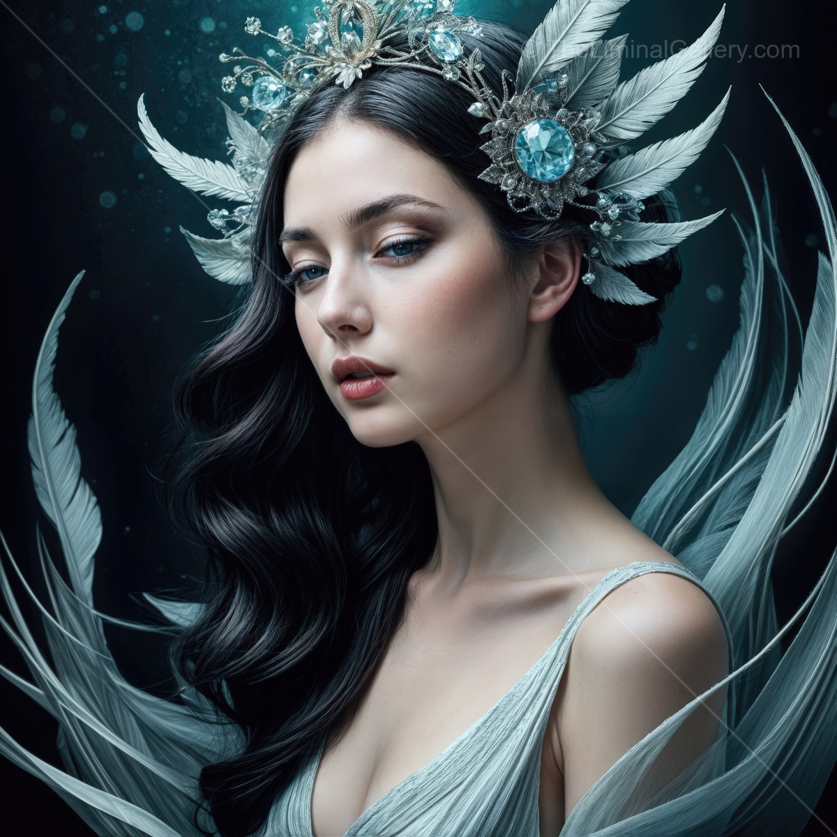 Enchanting beauty adorned with feathers and gemstones in a mystical underwater realm