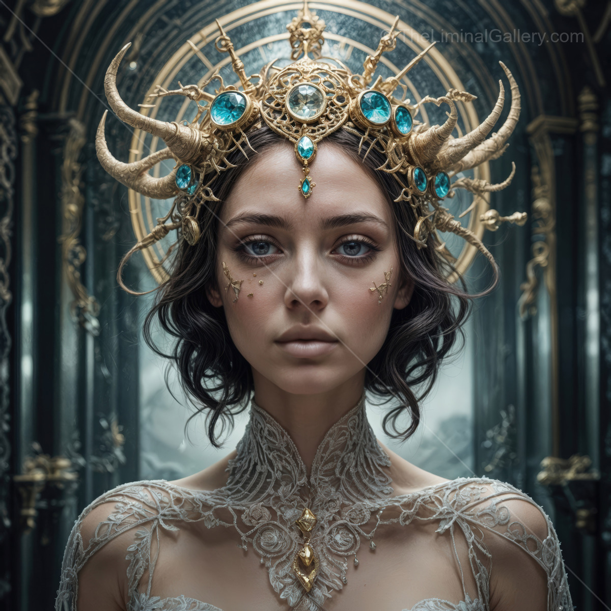 Enchanting regal female adorned with a unique crown in an ornate palace setting