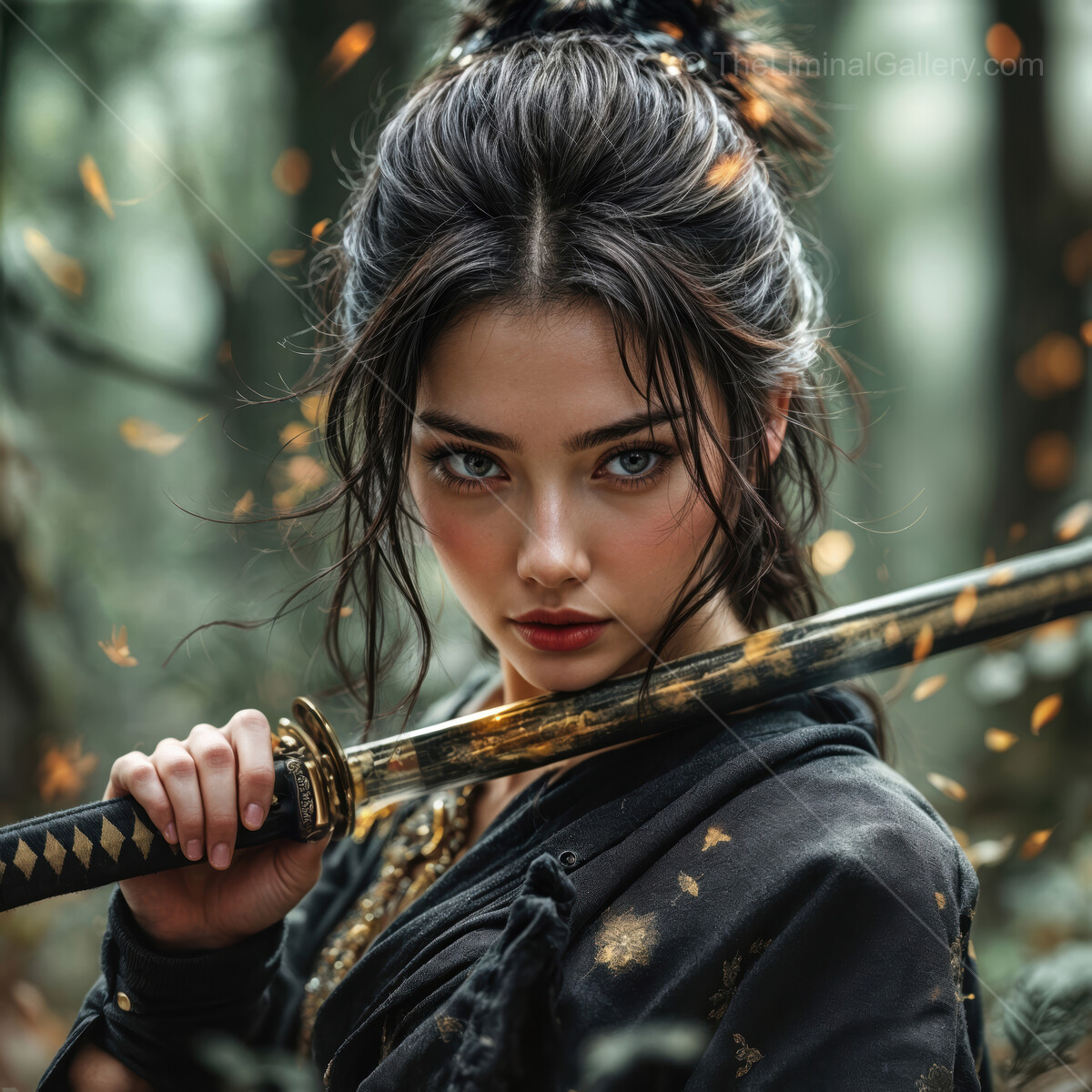 Beautiful eastern fighter in the enchanted forest captures the essence of strength and beauty during a mystical autumn day