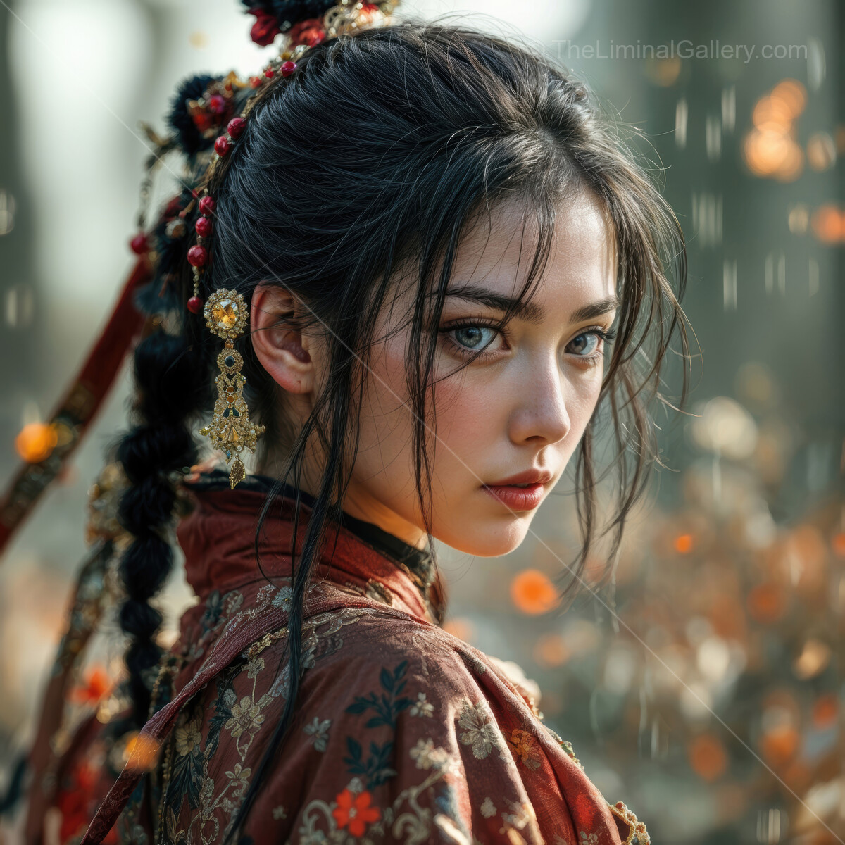 Beauty and grace in a mystical forest during autumn's gentle rain