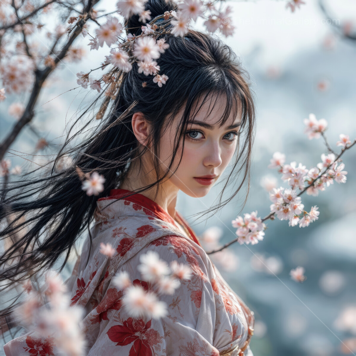 Captivating portrait of a young Japanese court lady amidst blossoming cherry trees in serene springtime