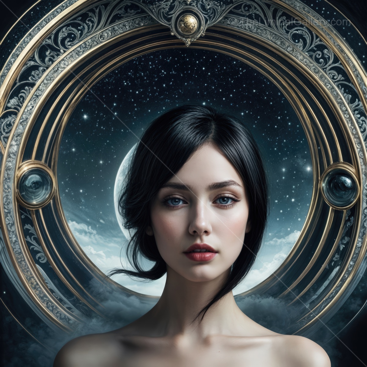 Enchanting beauty framed by celestial elegance in a mystical night setting