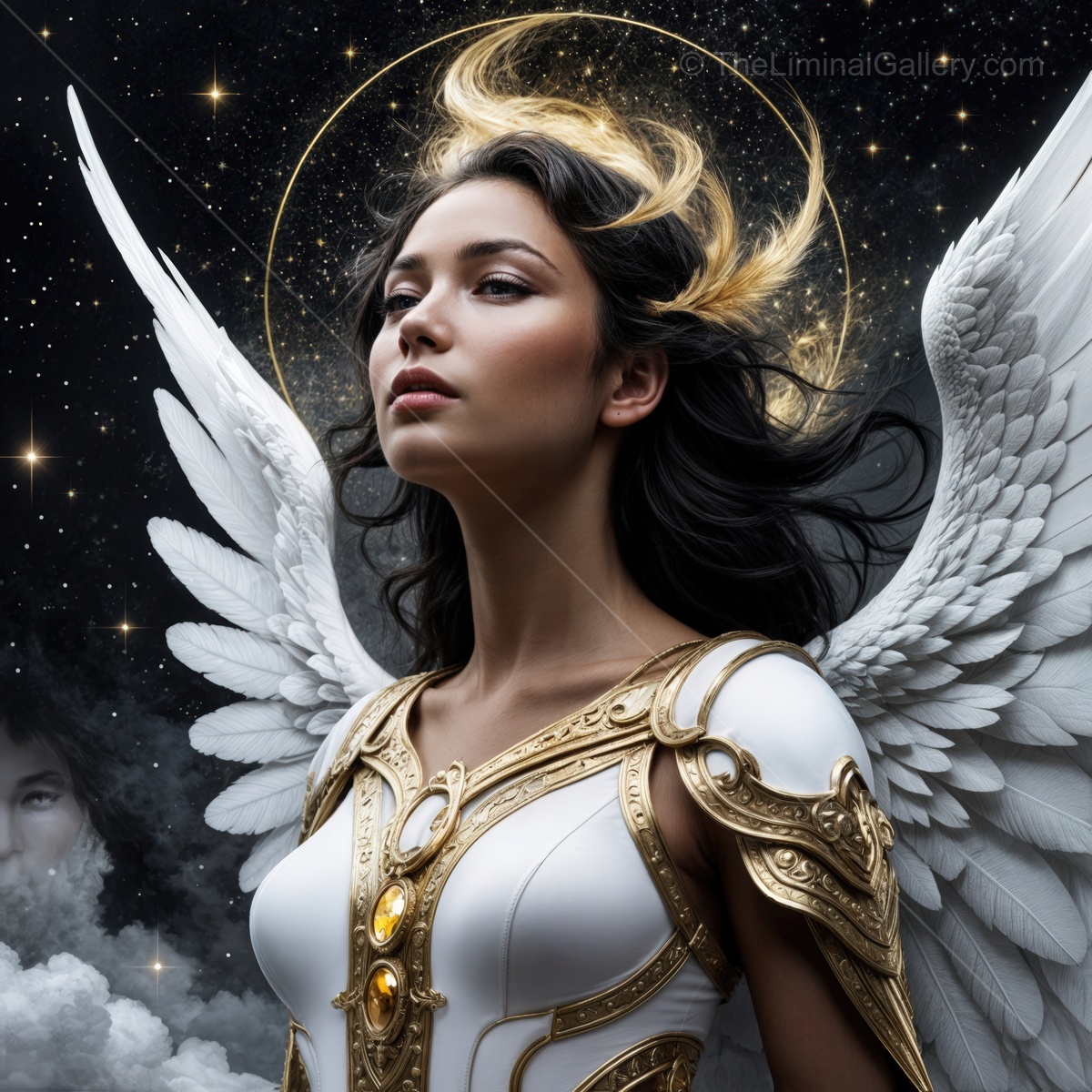 Majestic celestial guardian adorned in golden armor with ethereal wings against a starry night sky