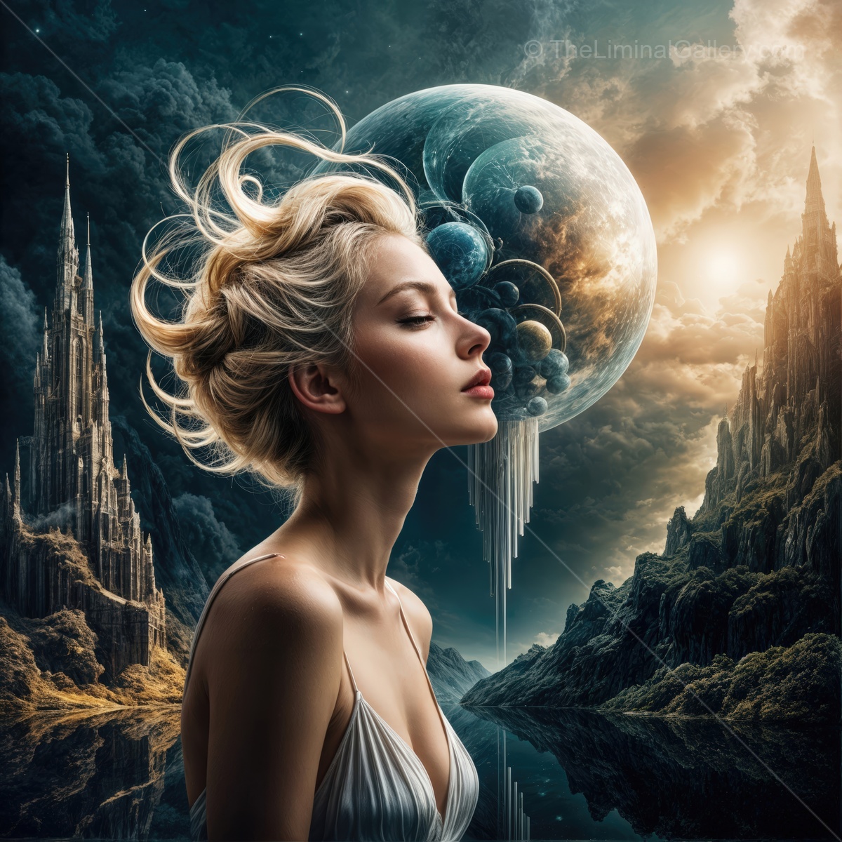 Enigmatic beauty gazes upon celestial realms under a cosmic sky