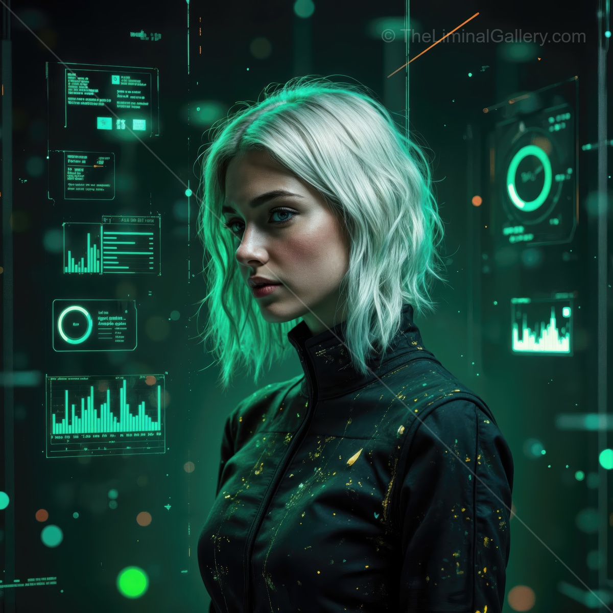 Futuristic woman surrounded by floating digital interfaces in a sci-fi city at night