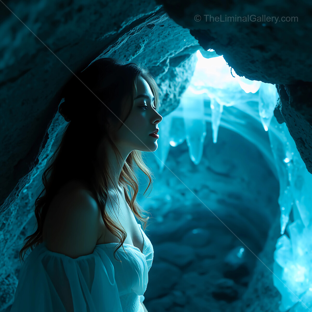 Mystical encounter in a crystal cave during twilight with a solitary woman