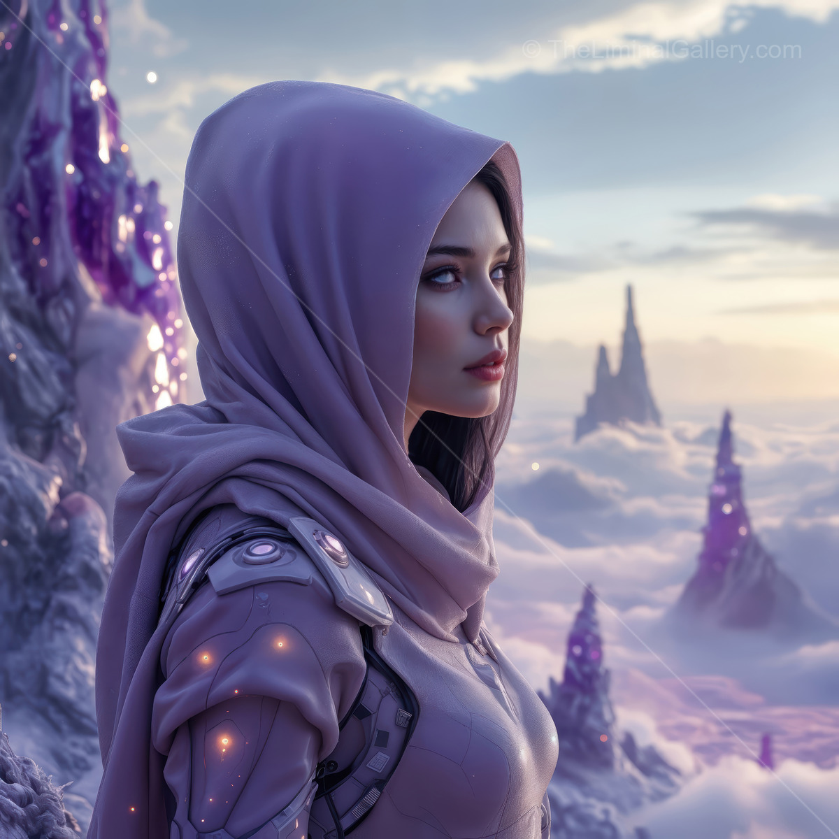 Mystical journey of a lone traveler in a futuristic realm of floating mountains and shimmering clouds