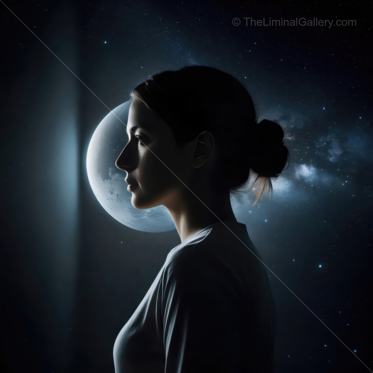 Dreaming under the stars, a woman gazes thoughtfully into the cosmic night
