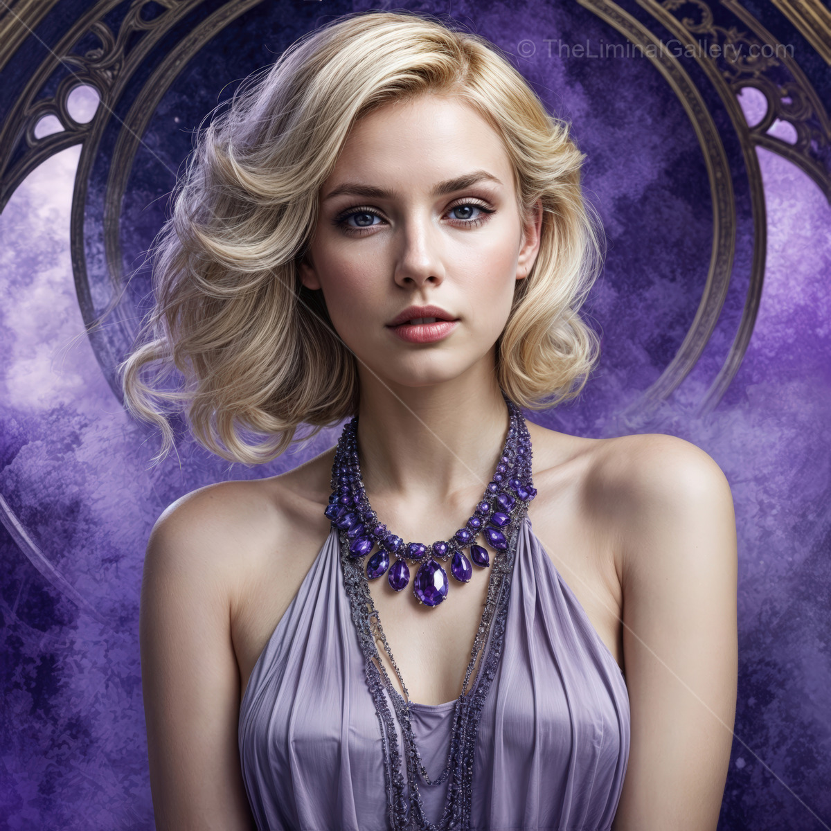 Elegant woman adorned with purple gemstones in a mystical atmosphere captures timeless beauty and allure