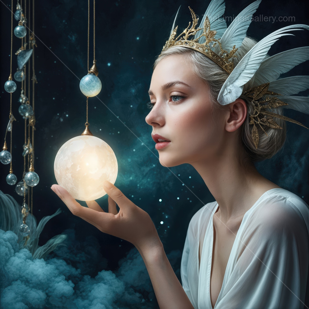 Enigmatic woman cradles glowing orb amidst ethereal clouds and delicate feathers at twilight