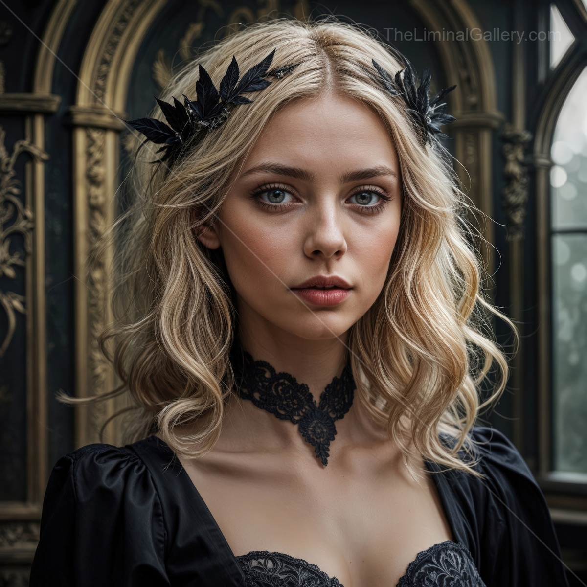Enchanting fantasy portrait of a young woman with a crown of black leaves in an ornate, dimly lit room