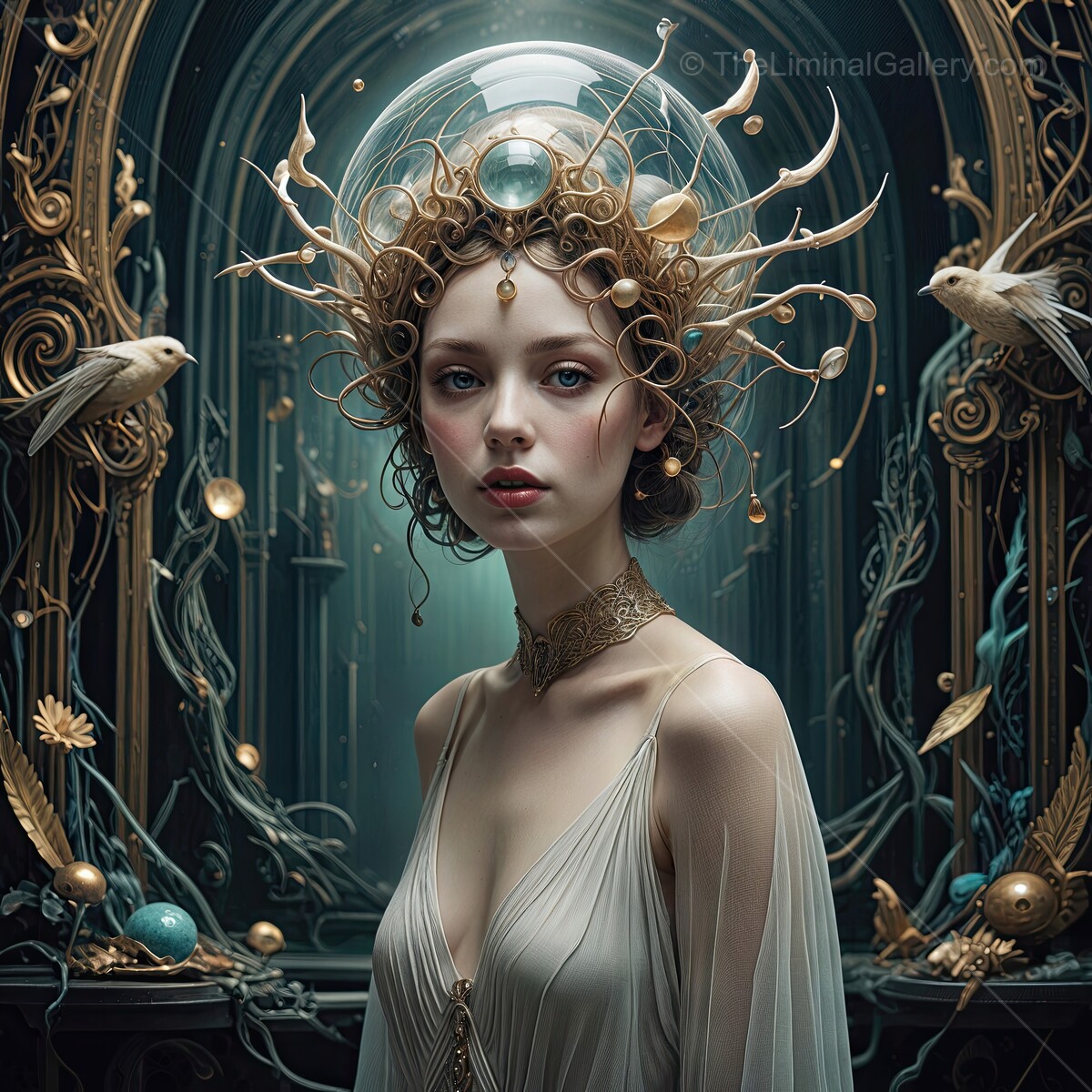 Enchanting woman adorned with nature-inspired elements in a mystical setting