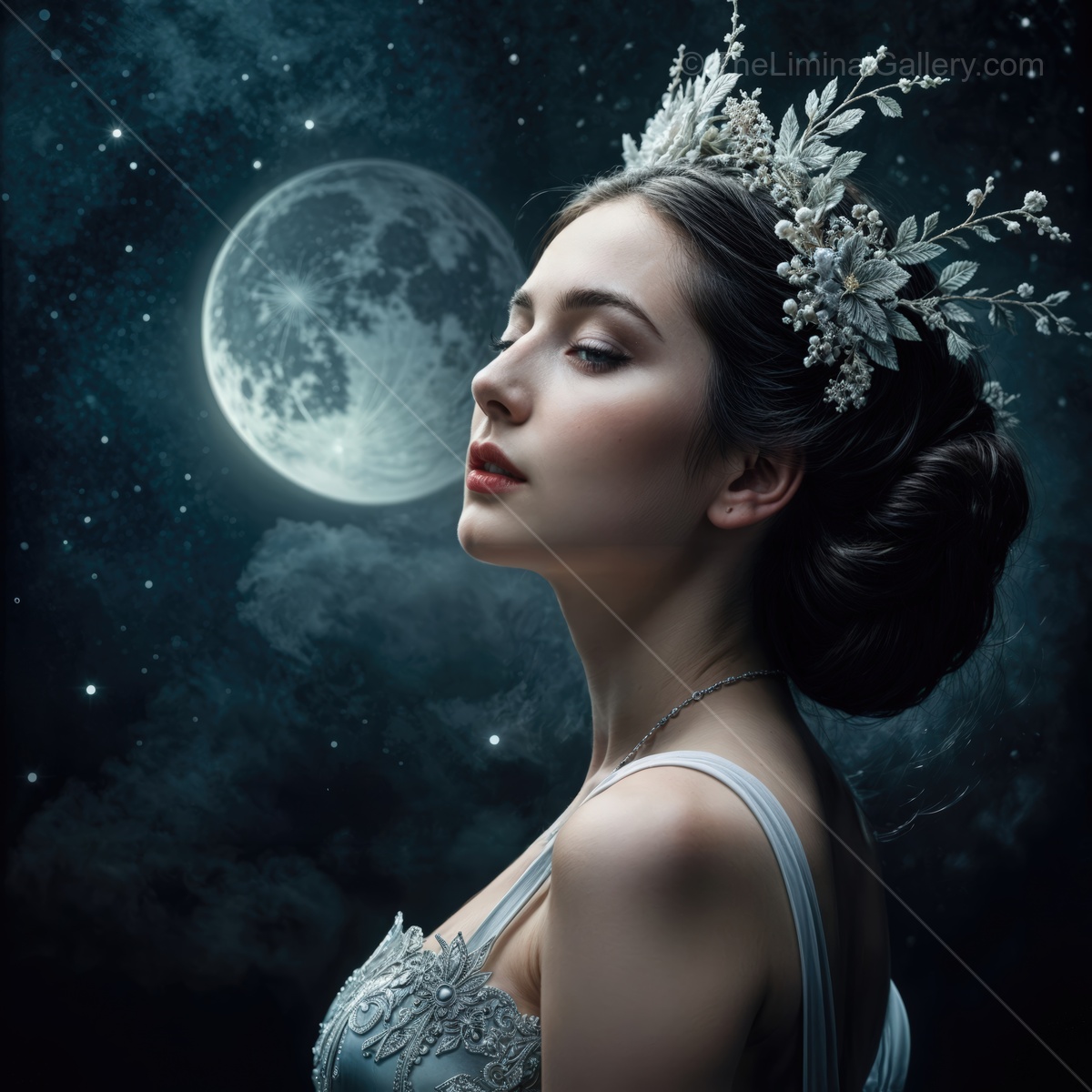 Enchanting night of elegance under the moonlight with a graceful figure adorned in floral crown