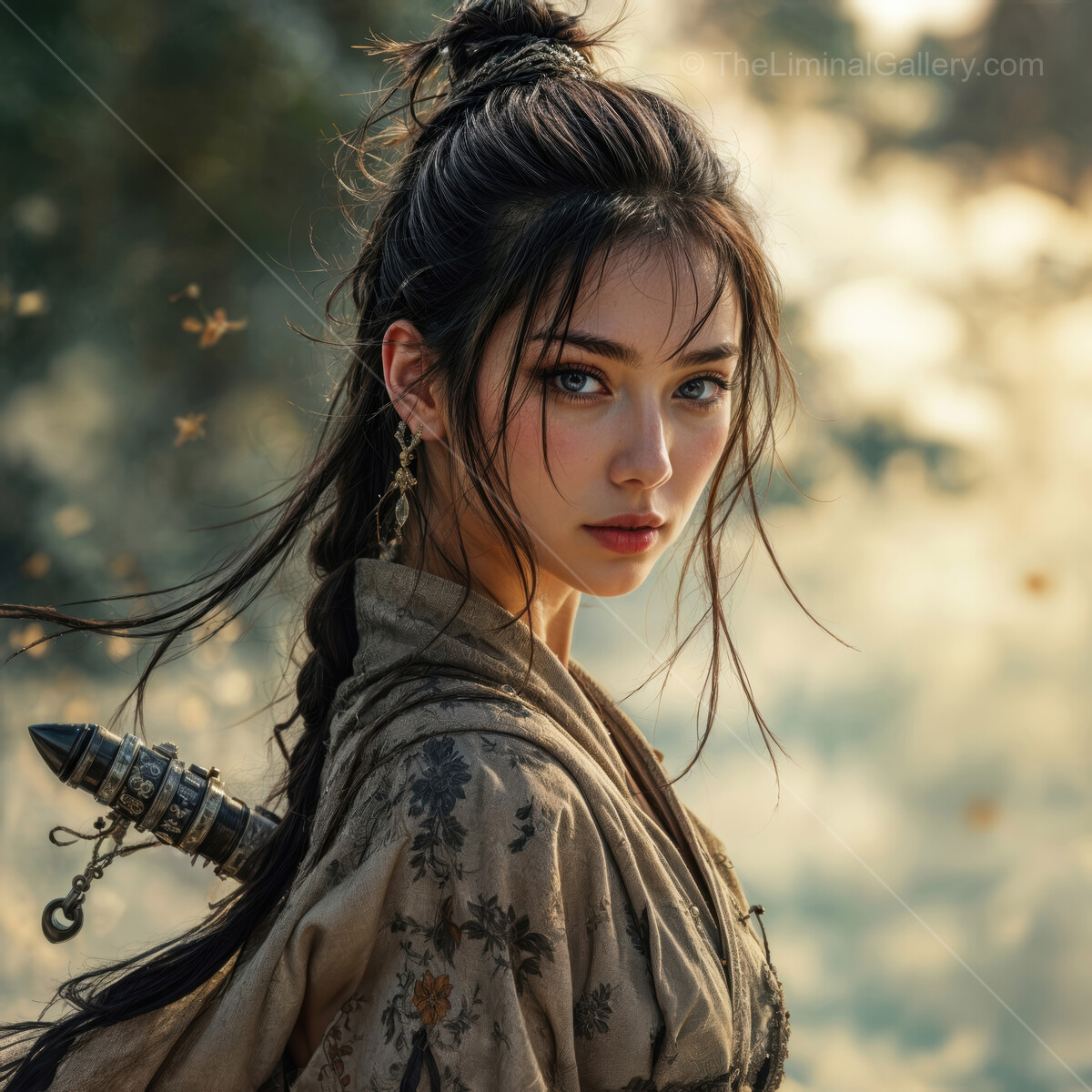 Enchanting warrior gazes into the distance in a serene forest setting during golden hour