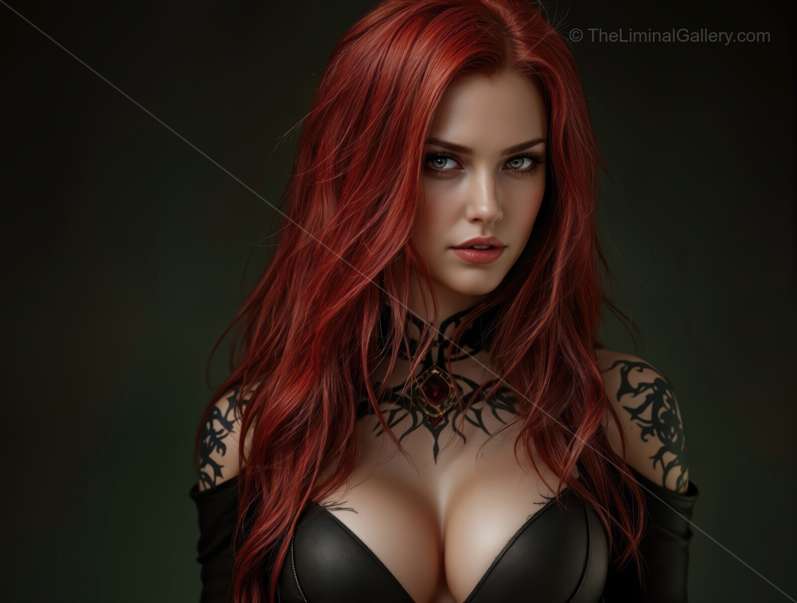 Captivating enchantress with striking red hair and intricate tattoos exuding mystery and allure in a dark fantasy setting