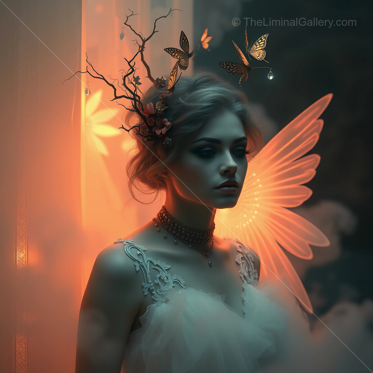 Enchanted evening with ethereal fairy illuminated by fairy lights and delicate butterflies