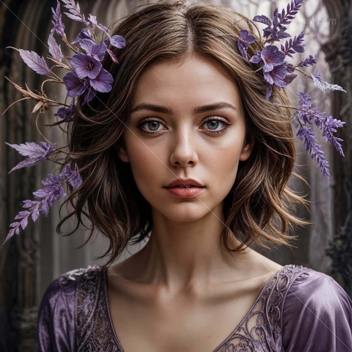 Ethereal fantasy beauty adorned with floral accents in a mystical gothic setting