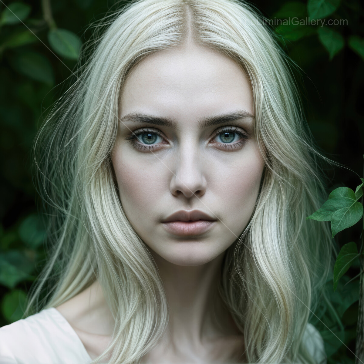Ethereal woman emerges from the forest under a soft, diffused light at twilight