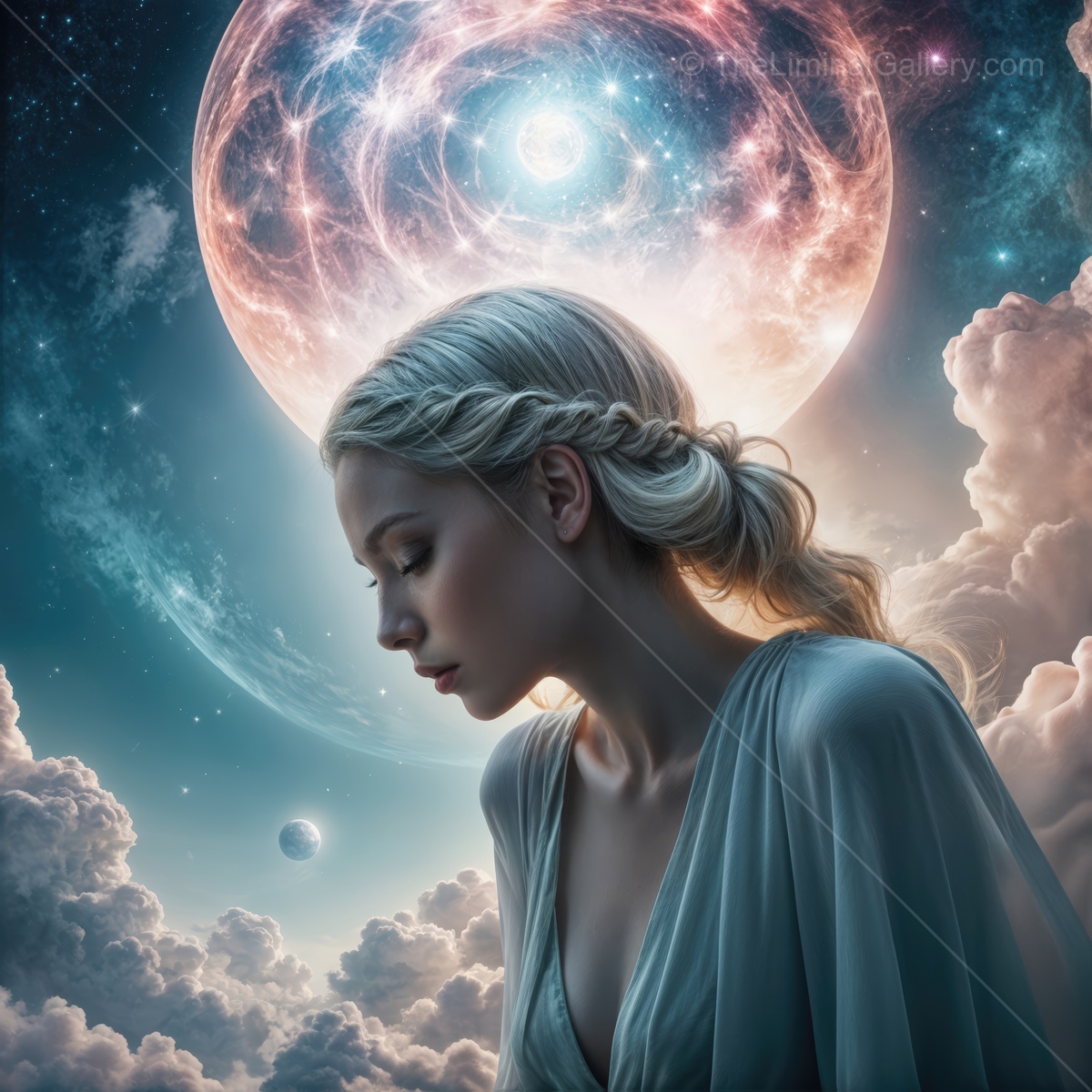 Surreal woman in serene contemplation beneath a cosmic celestial sky