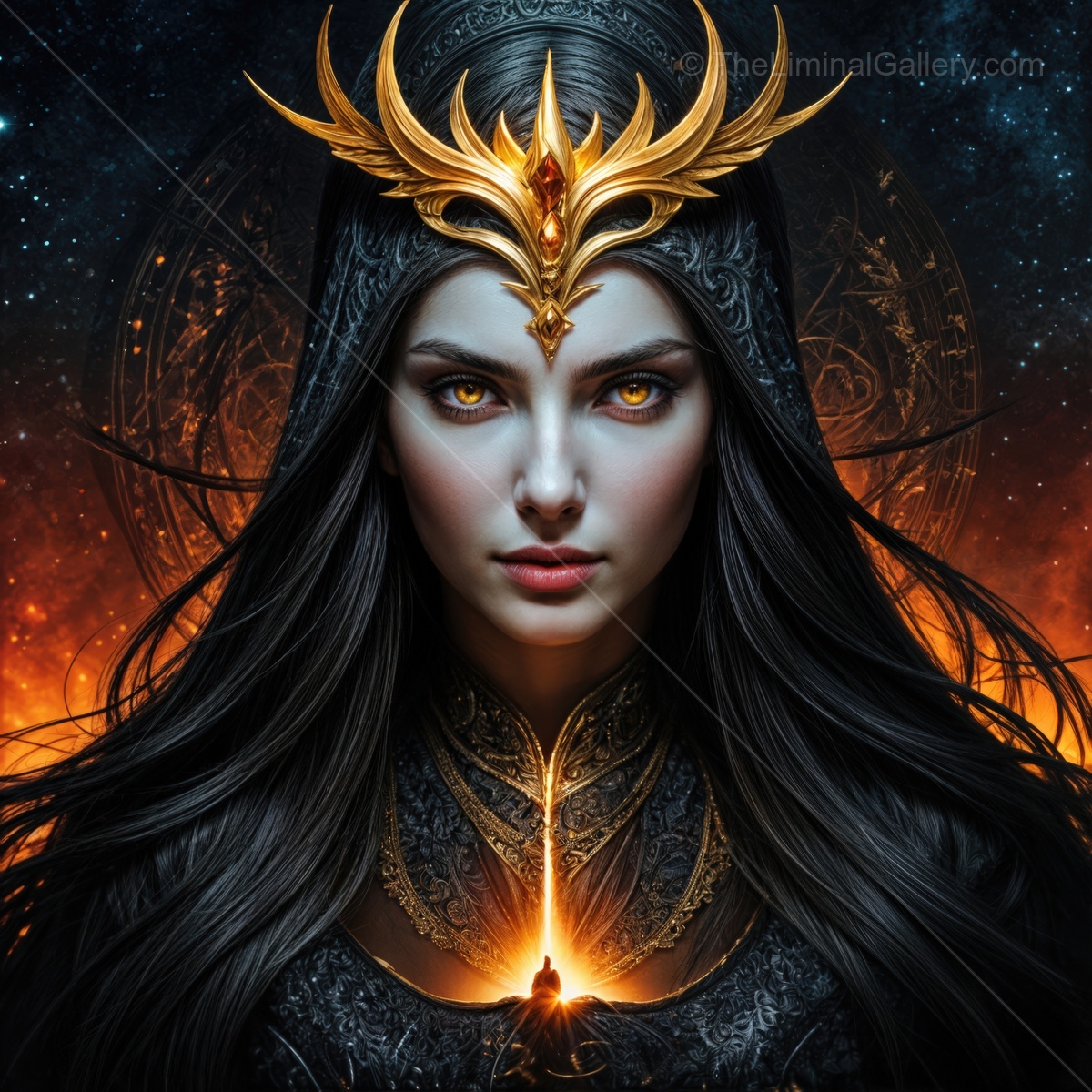 Mysterious enchantress with glowing eyes stands before a fiery background at twilight