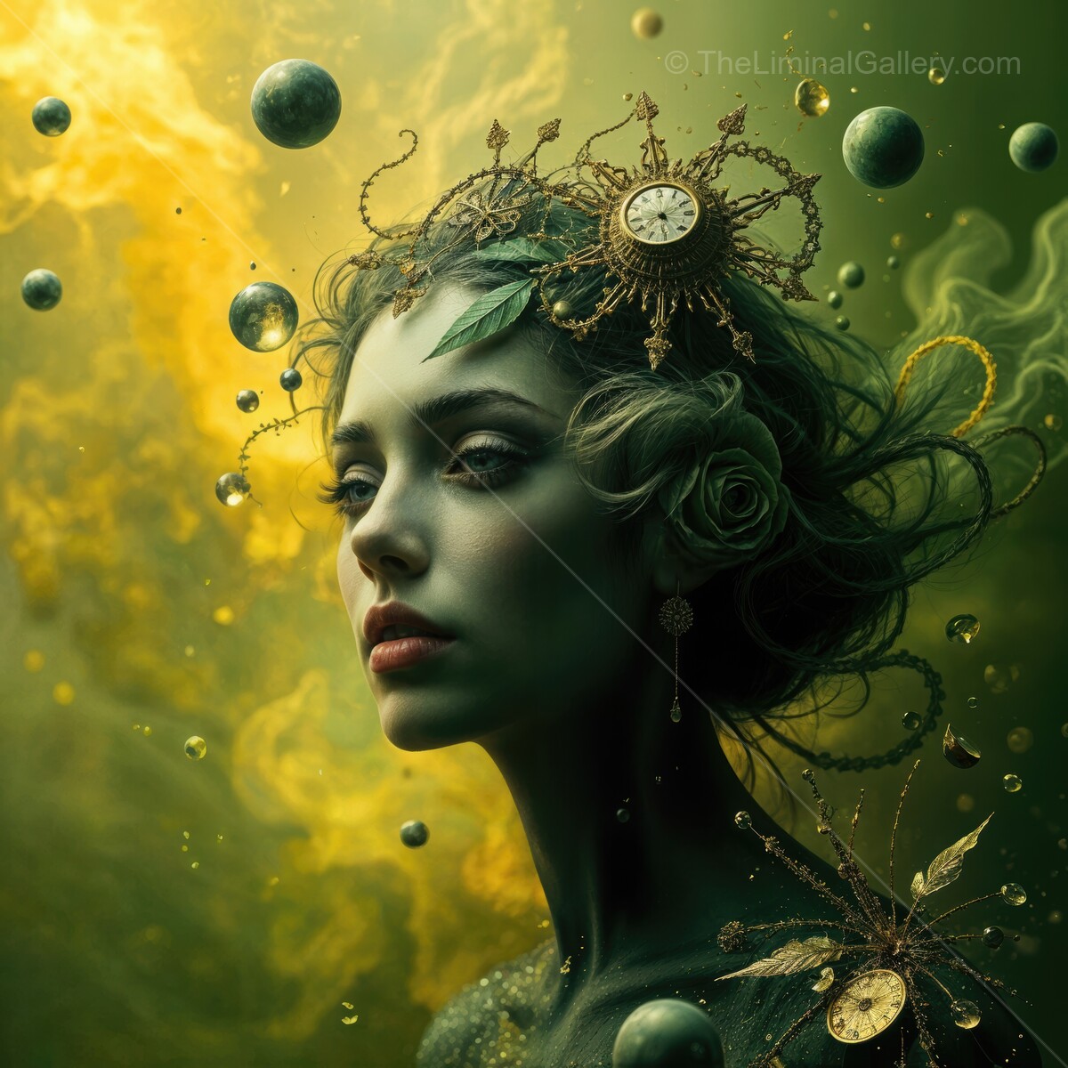 Mystical woman adorned in nature's elements surrounded by celestial spheres