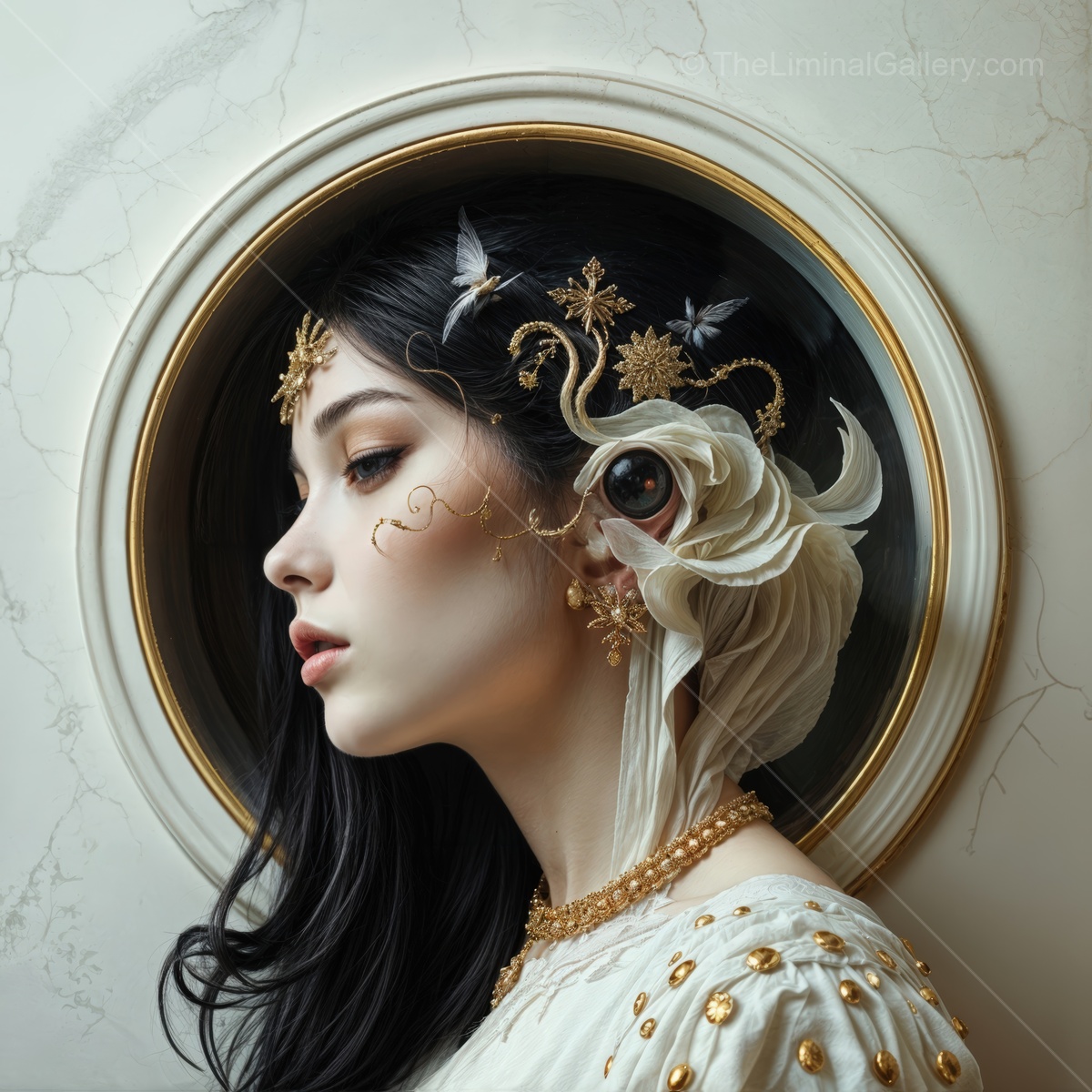 Artistic portrayal of a serene Asian woman adorned with floral elements in an elegant setting