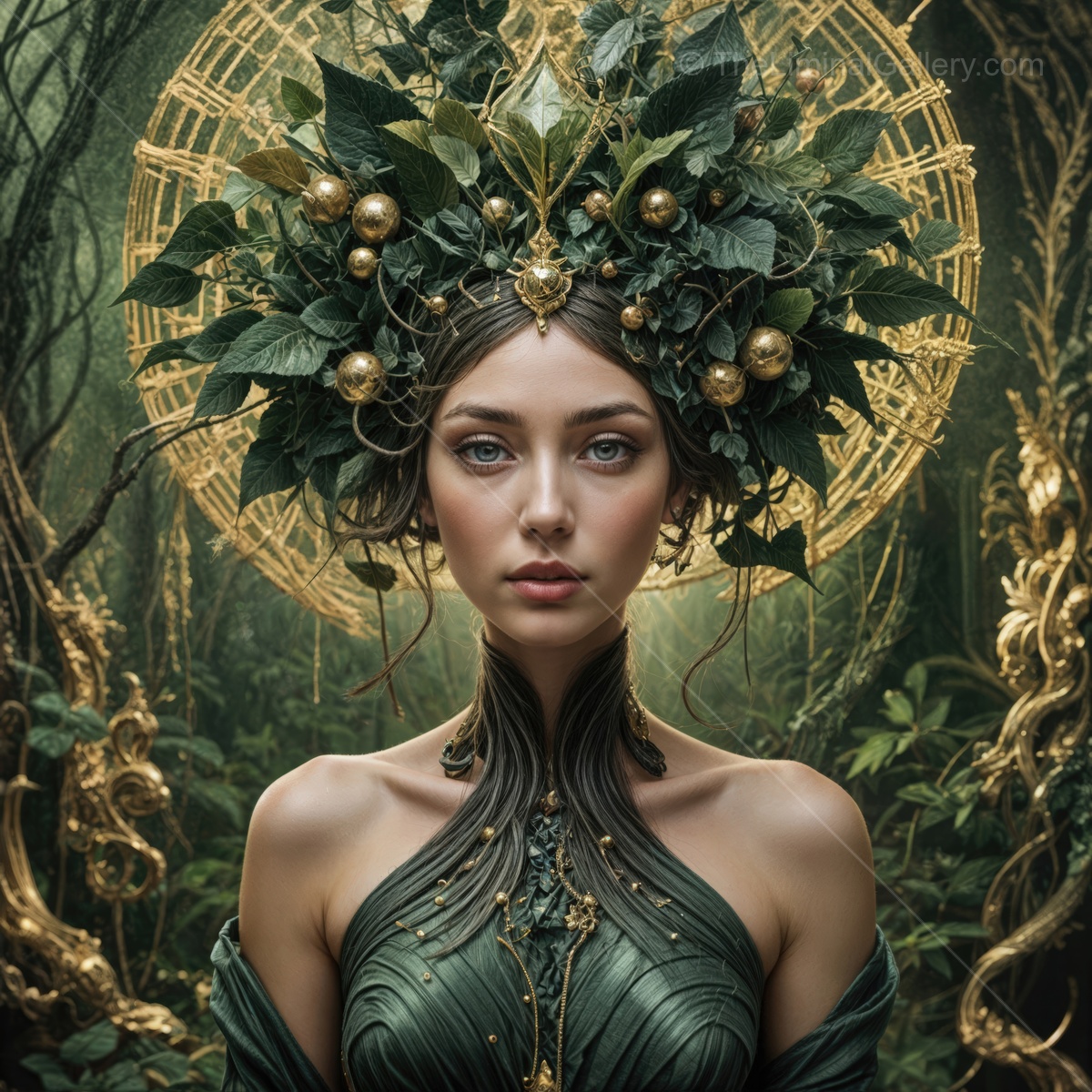 Enchanting forest queen adorned in nature's finest elegance during a mystical twilight