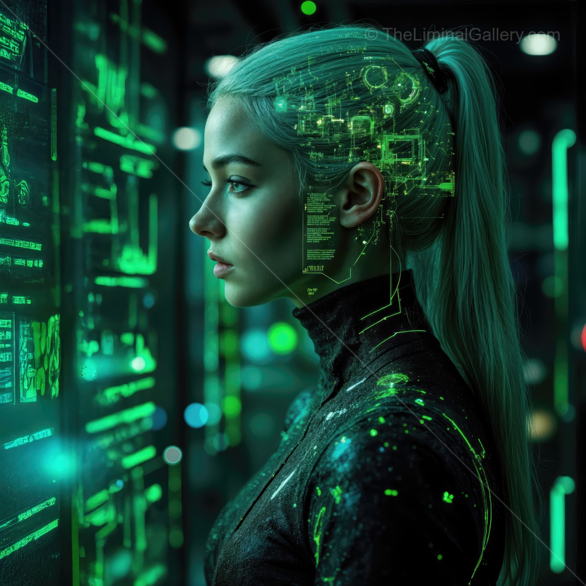 Girl interfaces with digital technology in a futuristic control room at night to unlock hidden data and unveil secrets of an advanced society