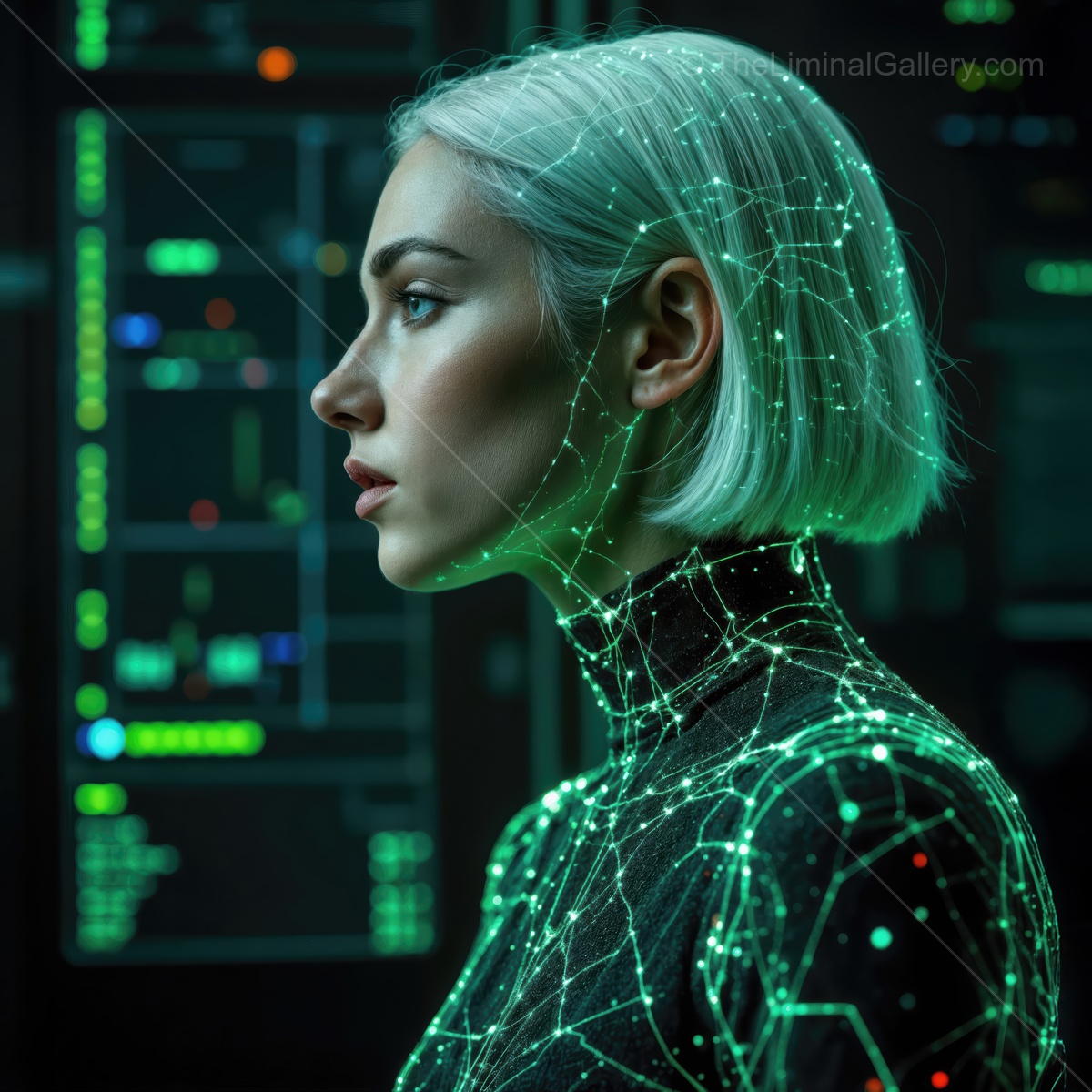 Futuristic woman with glowing circuit patterns engages with advanced digital interface in an immersive sci-fi environment