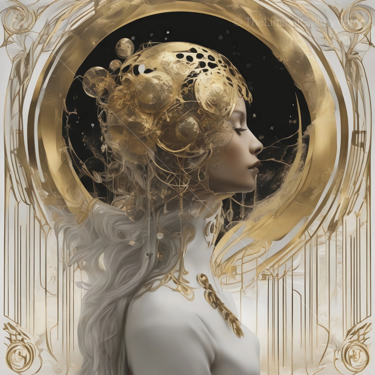 Elegant figure adorned with golden elements showcases intricate design in a serene ambiance