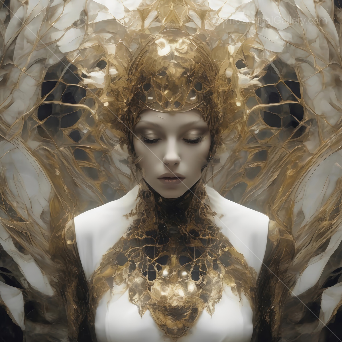 Majestic woman adorned with intricate golden headdress in ethereal setting