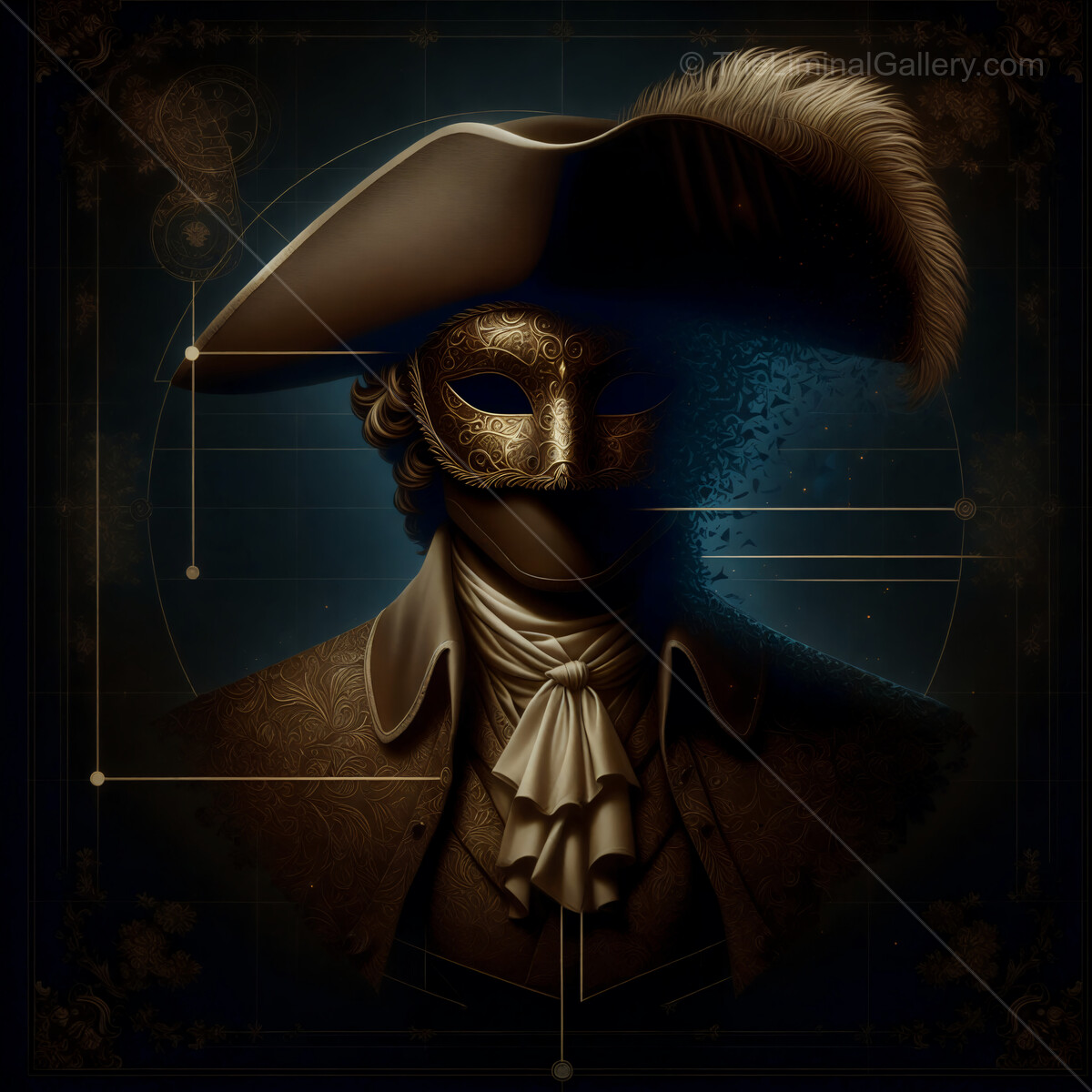 Mysterious figure in a golden mask and elegant attire captures an enchanting moment of intrigue and elegance