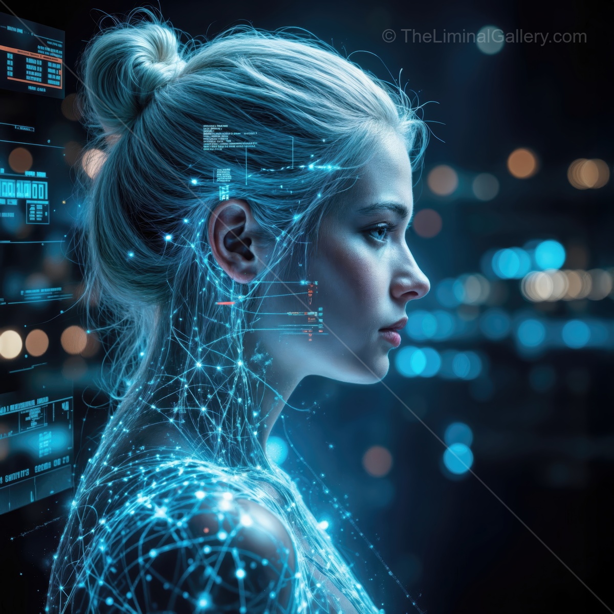 Futuristic woman interacts with digital elements in a vibrant sci-fi city at night