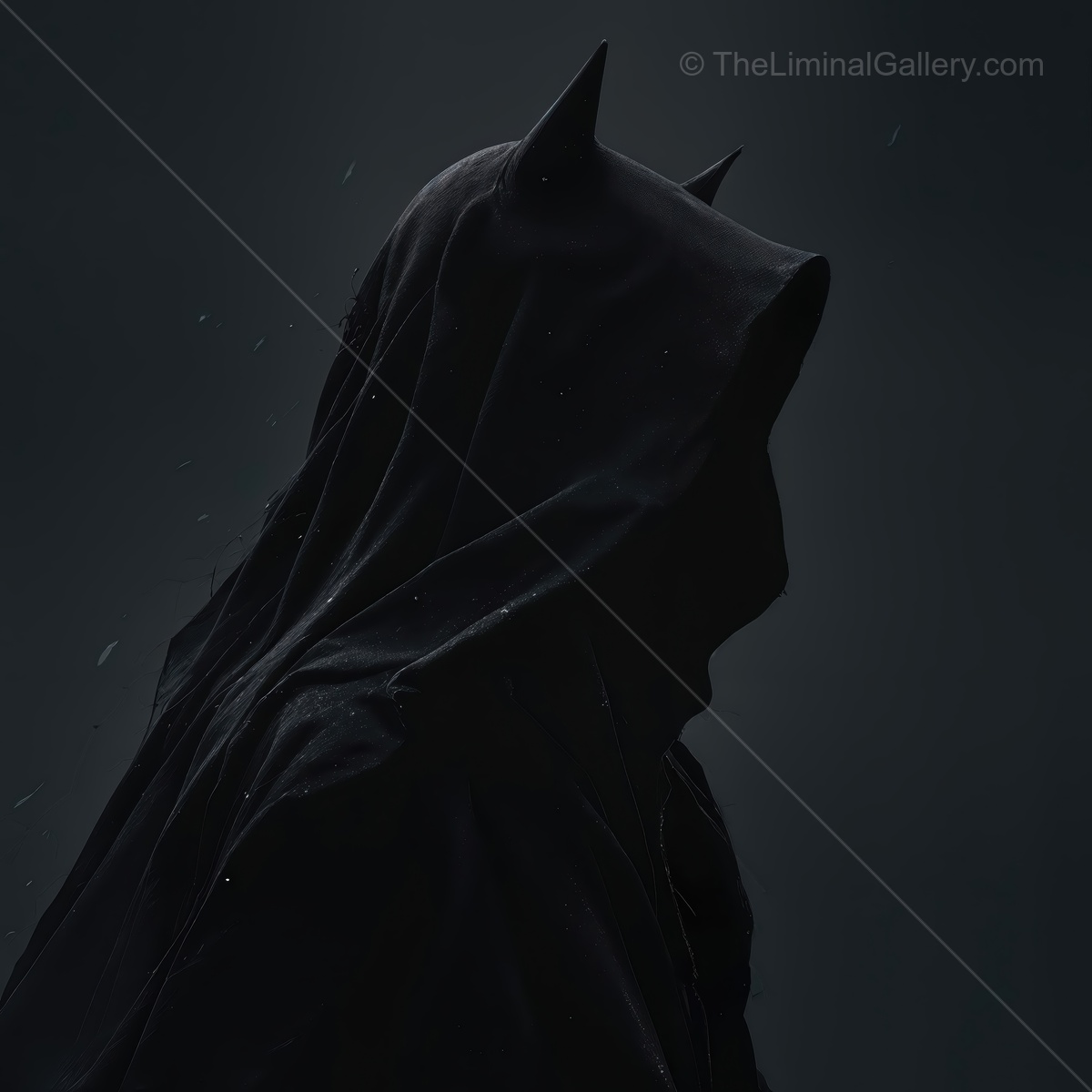 Mysterious figure in dark hooded cloak with pointed accents stands in shadowy atmosphere, surrounded by faint wisps of mist
